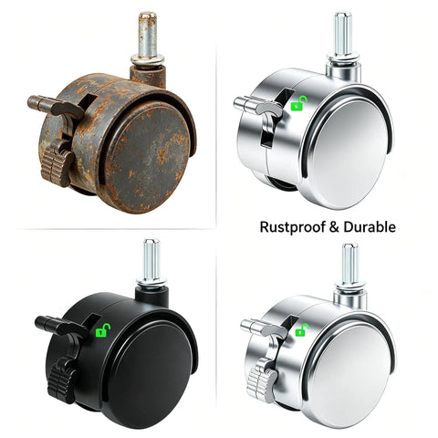 Smooth As Silk Heavy Duty 1.5 Inch Swivel Caster Wheels Set Of Four displayed in four styles including rustproof matte black and chrome options.