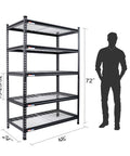 Beefy 5-Tier Adjustable Metal Shelving Unit 48 By 24 By 72 Inches, 4000 Lbs Capacity, Heavy Duty Storage Rack For Garage Or Workshop, Rust Resistant Frame, Easy Assembly And Adjustable Shelf Heights, shown with size guide
