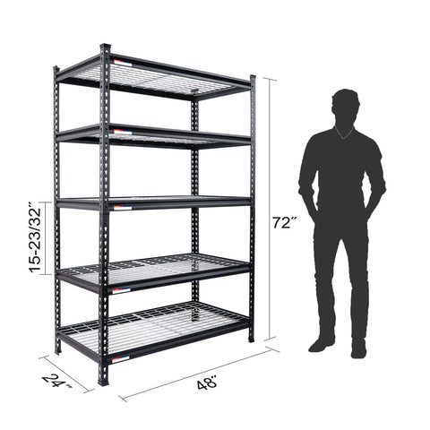 Beefy 5-Tier Adjustable Metal Shelving Unit 48 By 24 By 72 Inches, 4000 Lbs Capacity, Heavy Duty Storage Rack For Garage Or Workshop, Rust Resistant Frame, Easy Assembly And Adjustable Shelf Heights, shown with size guide