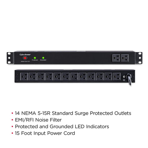 Rackmount Surge Protector 3600 Joules, 14 Outlets, 15-Foot Cord, 120V 15A, UL Listed, 1U Mount For Servers, Networking