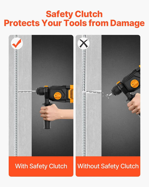 Comparison of 1 Inch SDS Plus Rotary Hammer Drill With 8 Amp Corded Power Beefy Heavy Duty Demolition Hammer safety clutch feature