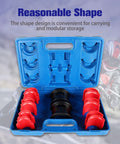 Motorcycle Fork Seal Driver Tool Kit 35-50mm Pro Grade Adjustable Adapters in blue case with red guides and modular storage.