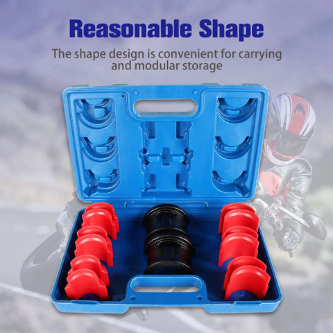 Motorcycle Fork Seal Driver Tool Kit 35-50mm Pro Grade Adjustable Adapters in blue case with red guides and modular storage.