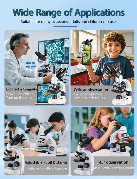 Trinocular Compound Microscope 40X-5000X Magnification For Adults With Dual Mechanical Stage And HD USB Camera Pro Grade Stereo Microscope With Wide Field Eyepieces Digital Eyepiece And Precision Optics For Research And Education, used by adults and children