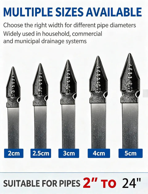 Multiple sizes of Heavy Duty Flat Steel Sewer Rod And Drain Snake Tool Forged From Tempered Metal for various pipe widths.