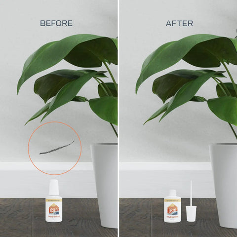 Before and after using Black Matte Touch Up Paint With Brush In Bottle 1oz Quick Dry For Home Repairs On Cabinets Furniture And Walls