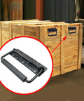 Heavy Duty Folding Spring Handle 125x81mm Black Steel Case Handle on wooden props boxes, rubberized grip, secure carry mechanism