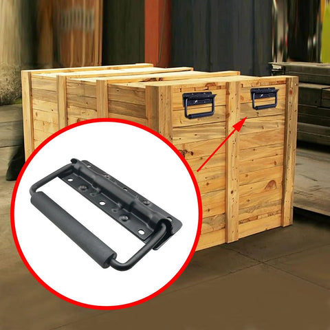Heavy Duty Folding Spring Handle 125x81mm Black Steel Case Handle on wooden props boxes, rubberized grip, secure carry mechanism