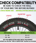 Compatibility guide for Fat Bike Tube 20X4.0 with Schrader valve, showing tire size compatibility and dimensions chart.