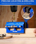 Heavy Duty 2.1 Inch Self Centering Dowel Jig Kit With Drill Guide demonstrated on wood, highlighting center lines for precise holes.