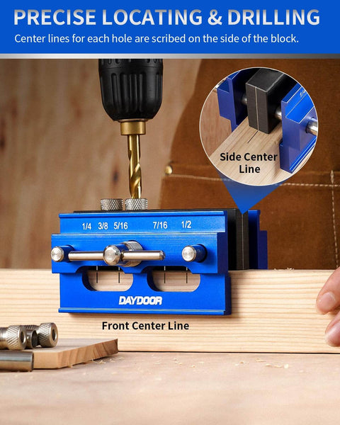 Heavy Duty 2.1 Inch Self Centering Dowel Jig Kit With Drill Guide demonstrated on wood, highlighting center lines for precise holes.