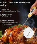 Digital Food Thermometer With Automatic Calibration For High Accuracy Cooking, Yellow Finish, measuring temperature of roasted meat.
