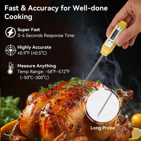 Digital Food Thermometer With Automatic Calibration For High Accuracy Cooking, Yellow Finish, measuring temperature of roasted meat.