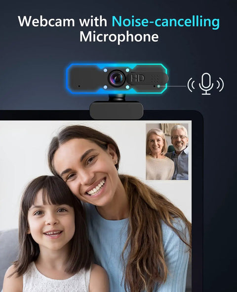 1080P 60Fps Streaming Webcam With Built In Mic And Glowing Rgb Ring Light Autofocus Camera For Desktop Laptop Gaming Conferencing Video Calls Live Stream Setup Straight Up Fire And Crisp positioned above a laptop capturing a video call with a smiling woman and child.