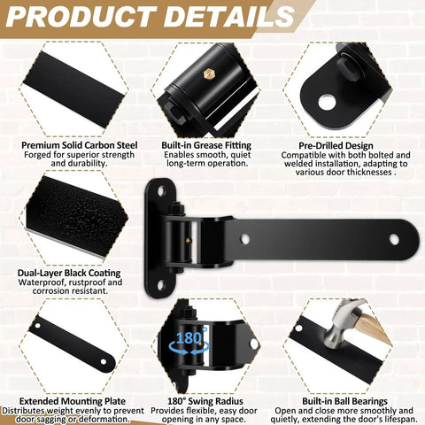 Beefy 6 Pack 13 Inch Heavy Duty Gate Hinges Set With 900 Lb Capacity, details of solid carbon steel and features