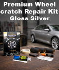 Top Shelf Gloss Silver Wheel Scratch Repair Kit For Smashing Gnarly Curb Rash On Beat Up Alloy Rims with tools and paint.