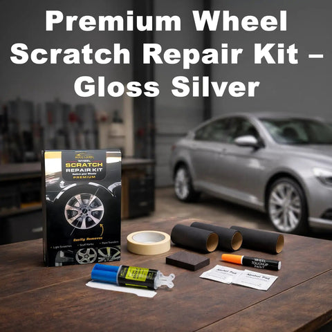 Top Shelf Gloss Silver Wheel Scratch Repair Kit For Smashing Gnarly Curb Rash On Beat Up Alloy Rims with tools and paint.