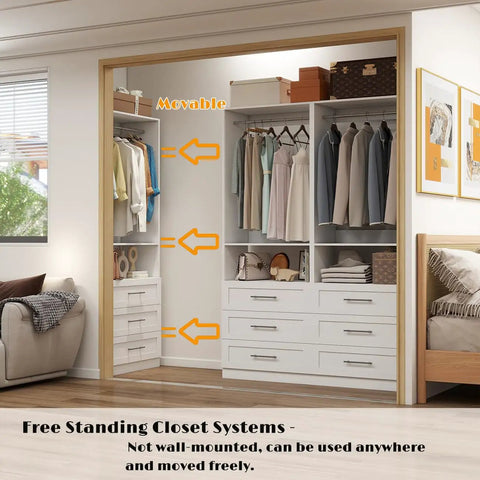 Game Changing Modular Walk In Closet Organizer System With Adjustable Hanging Rods And Deep Storage Drawers Freestanding Wardrobe Rack Fits Tight Spaces Quick Setup White in modern room.