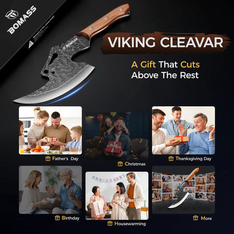 Viking Style Hand Forged 7.9 Inch Meat Cleaver Knife With Hammered Blade, shown with gift-giving occasions: Father's Day, Christmas, Thanksgiving.