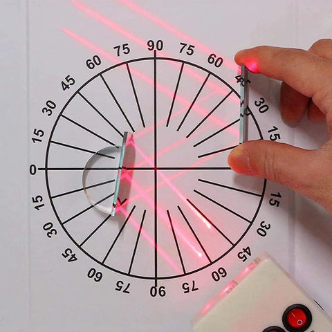 Top Shelf Optics Lens And Prism Set For School Physics Labs Featuring Concave Convex Lenses Plane Mirror Pinhole Rig And Light Pen For Dope Student STEM Experiments displaying laser beams through prisms on a protractor.