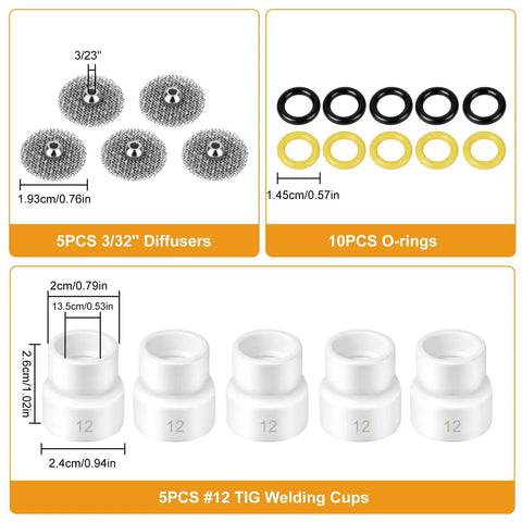 Ceramic TIG Welding Cup Kit, 5 Pack Size 12 With 3 32 Diffuser, includes diffusers, O-rings, and TIG cups compatible with WP SR DB