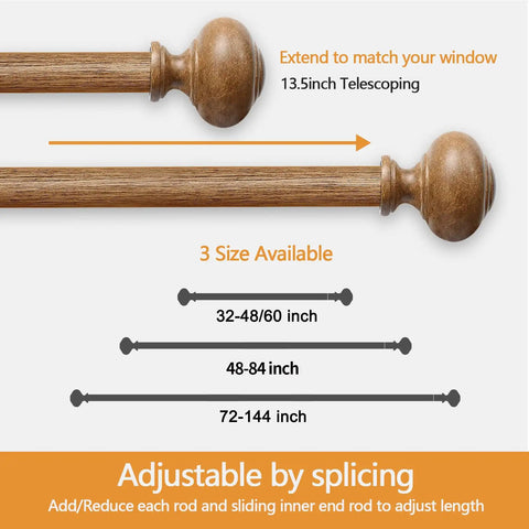 Heavy Duty Wood Curtain Rods for Windows 48 to 84 Inches with 1 Inch Diameter, Imitation Wood Grain Finials diagram