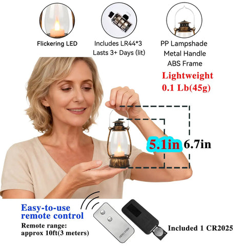 Woman holding a 5.1-inch tall lantern from a 12-Pack Bronze Mini Lanterns With Remote Control, showing flickering LED and remote.