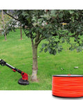 Heavy Duty Square Trimmer Line Spool .095 Inch By 1280 Ft With Built In Cutter Orange 5 Pound Pack next to person trimming grass