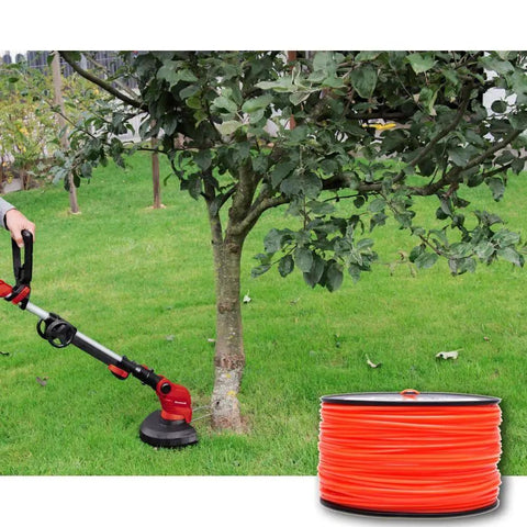 Heavy Duty Square Trimmer Line Spool .095 Inch By 1280 Ft With Built In Cutter Orange 5 Pound Pack next to person trimming grass