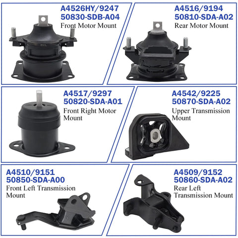 Honda Accord 2003 To 2007 2.4L Automatic Engine And Transmission Mount Set Of 6 Durable OEM Grade Mounts A4509 A4510 A4516 A4517 A4526HY A4542
