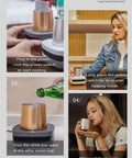 Keep Your Morning Sip Hit The Spot With This Versatile Travel Coffee Mug Warmer That Heats Or Chills Drinks Quickly Ideal For Commutes Desk Work And Home Offices image showing instructions for use with a travel coffee mug warmer and drinks being poured.