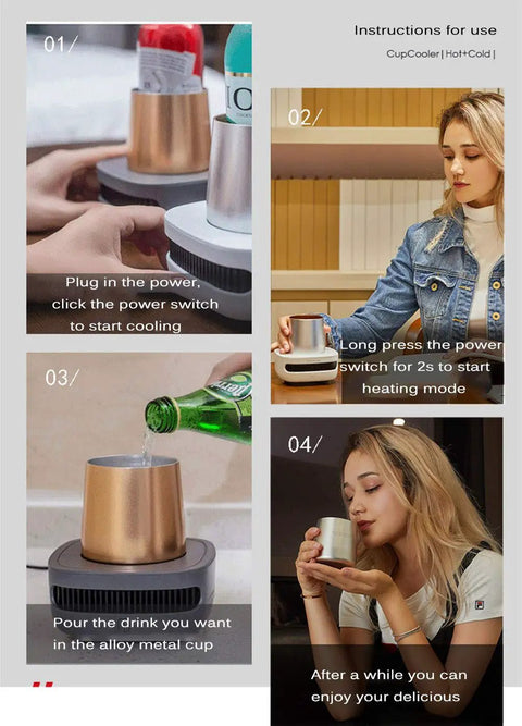 Keep Your Morning Sip Hit The Spot With This Versatile Travel Coffee Mug Warmer That Heats Or Chills Drinks Quickly Ideal For Commutes Desk Work And Home Offices image showing instructions for use with a travel coffee mug warmer and drinks being poured.