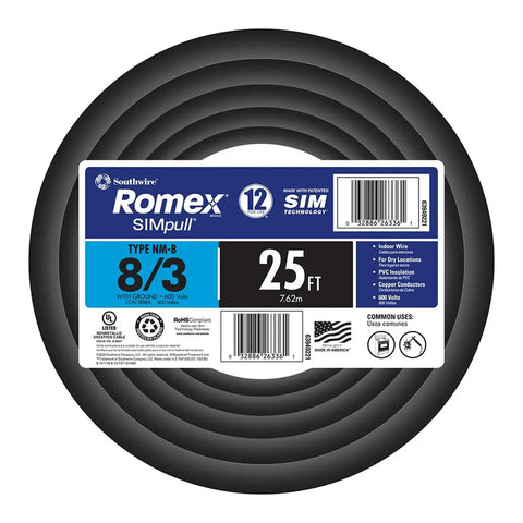 8 Gauge 3 Conductor NM-B Romex Cable With Ground 25 Ft Black For Residential Wiring Homeowner Friendly DIY Pros For Outlets Switches And Branch Circuits SIMpull Jacket For Easy Pulling