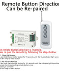 White DC motor remote controller module with green terminal block; white RF remote with grey buttons.