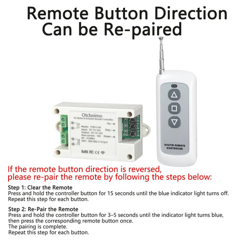 White DC motor remote controller module with green terminal block; white RF remote with grey buttons.