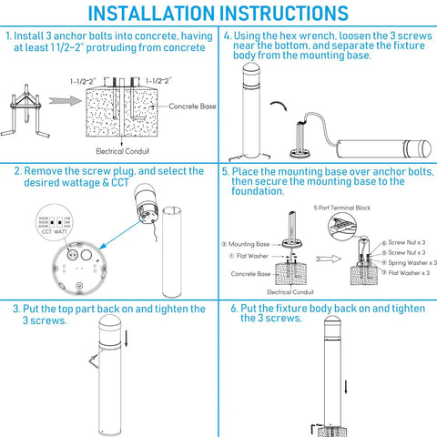 Installation instructions for 43 Inch Led Bollard Light featuring adjustable warm to cool temperature settings.