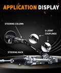 Three Quarter 36 Spline And Three Quarter Double D Black Double U Joint Steering Universal Shaft For Grinding Machines Total Length Five And One Eighth Inches Maximum Working Angle Seventy Degrees Maximum RPM Four Thousand application display showing a steering column and steering rack connection