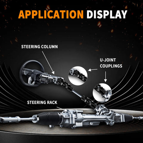 Three Quarter 36 Spline And Three Quarter Double D Black Double U Joint Steering Universal Shaft For Grinding Machines Total Length Five And One Eighth Inches Maximum Working Angle Seventy Degrees Maximum RPM Four Thousand application display showing a steering column and steering rack connection