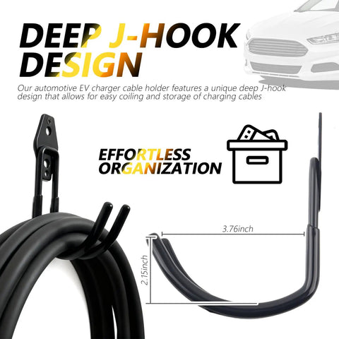 Heavy Duty EV Charger Holder Wall Mount With Non Slip J Hook, 66 Pound EV Cable Organizer Rack showing deep J-hook design with cable storage.