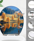 Toilet Seat Round Resin Lake Bathroom with autumn landscape design, 14.5" x 16.5", featuring stainless steel hinge.