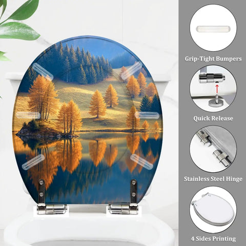 Toilet Seat Round Resin Lake Bathroom with autumn landscape design, 14.5" x 16.5", featuring stainless steel hinge.