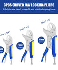 Heavy-Duty Locking Pliers Set With Curved Jaw Vise Grips, 5, 7, 10 Inch, durable carbon steel, size indicators shown