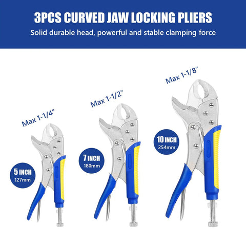 Heavy-Duty Locking Pliers Set With Curved Jaw Vise Grips, 5, 7, 10 Inch, durable carbon steel, size indicators shown