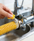 Close-up of 6Pcs Adjustable Hose Clamps Set Stainless Steel Worm Gear Clamps 10 38mm with yellow thumb screw on faucet