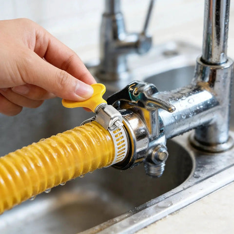 Close-up of 6Pcs Adjustable Hose Clamps Set Stainless Steel Worm Gear Clamps 10 38mm with yellow thumb screw on faucet