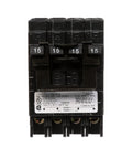 Two 15 Amp Double Pole Quadplex Half Inch Plug In Circuit Breaker, Space Saving Design, UL Listed, Easy Swap For Compatible Load Centers And Meter Combos That Fit Most Panels. black 15 amp quadplex breaker front view