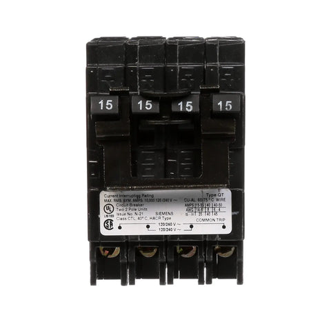Two 15 Amp Double Pole Quadplex Half Inch Plug In Circuit Breaker, Space Saving Design, UL Listed, Easy Swap For Compatible Load Centers And Meter Combos That Fit Most Panels. black 15 amp quadplex breaker front view