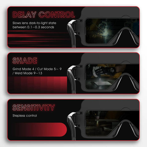 Solar Powered Auto Darkening Welding Goggles With True Color Filter, 2 Sensors, showcasing delay control, shade, and sensitivity features.