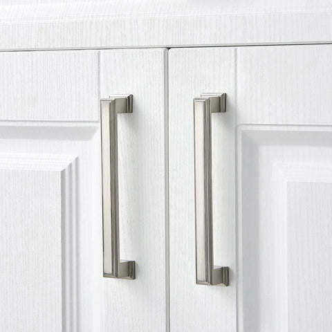 Long Cabinet Handle Set 10 Pack Brushed Satin Nickel Die Cast Zinc Solid Metal Drawer Pulls on white cabinet doors