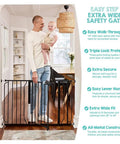 Father holding baby standing next to Extra Wide Baby Gate 29 To 49 Inches For Doorways And Stairs, Pressure Mounted Safety Gate With Door, Black